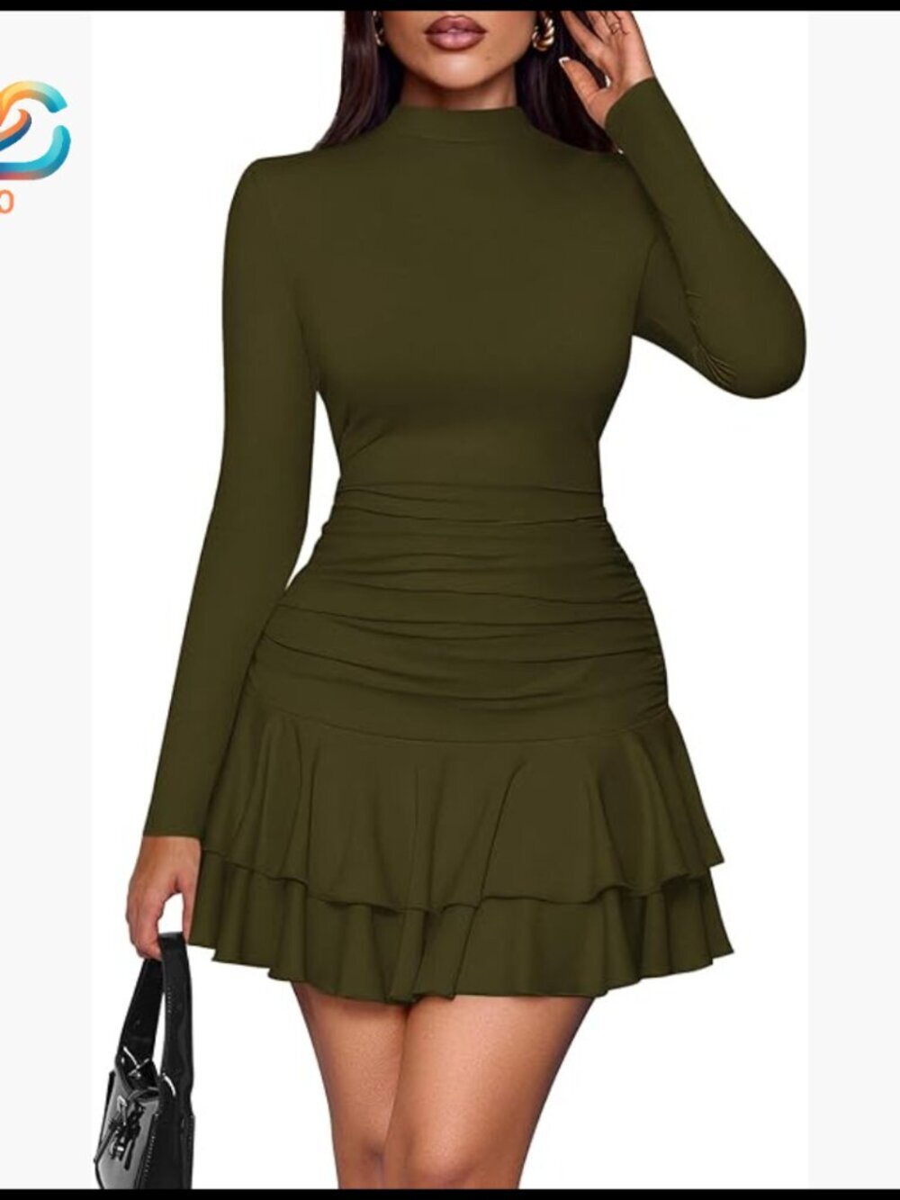 Long Sleeve Mock Neck Ruched Bodycon Mini Dress with Ruffle Hem
